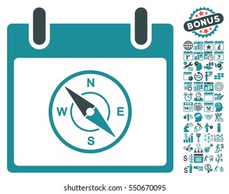 Compass Calendar Day pictograph with bonus calendar and time management pictures. Vector illustration style is flat iconic symbols, soft blue, white background.