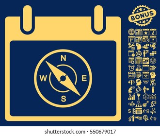 Compass Calendar Day pictograph with bonus calendar and time management pictures. Vector illustration style is flat iconic symbols, yellow, blue background.