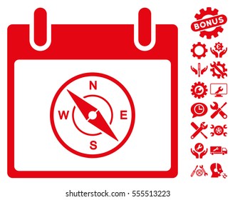 Compass Calendar Day pictograph with bonus setup tools pictures. Vector illustration style is flat iconic symbols, red, white background.