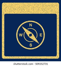 Compass Calendar Page grainy textured icon for overlay watermark stamps. Flat symbol with scratched texture. Dotted vector yellow ink rubber seal stamp with grunge design on a blue background.