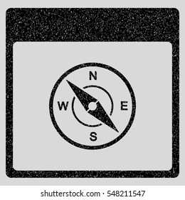 Compass Calendar Page grainy textured icon for overlay watermark stamps. Flat symbol with scratched texture. Dotted vector black ink rubber seal stamp with grunge design on a light gray background.