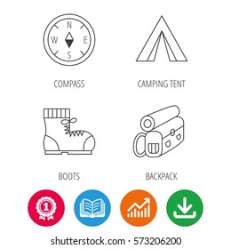 Compass, camping tent and hiking boots icons. Backpack linear sign. Award medal, growth chart and opened book web icons. Download arrow. Vector
