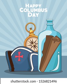 compass and capitain ship and treasure map in a bottle over blue background. Happy Columbus day colorful design, vector illustration