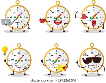 Compass cartoon character with various types of business emoticons