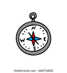 Compass in cartoon style on an isolated white background. Travel navigation tool. Stock vector illustration.