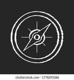 Compass chalk white icon on black background. Marine and land navigation, direction guide tool. Traveler instrument with cardinal points and magnetic arrow isolated vector chalkboard illustration