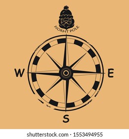 Compass for Christmas vector image design, old retro style. Santa Claus Search. Compass with pointer to Santa Claus home. North pole search stamp isolated on craft paper. Vintage sign.
