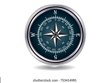 Compass - chrome-plated - isolated on white background - vector art illustration