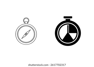 Compass And Chronometer Black And White Icons Navigational And Time Keeping Devices