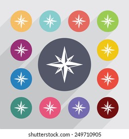 compass circle, flat icons set. Round colorful buttons 