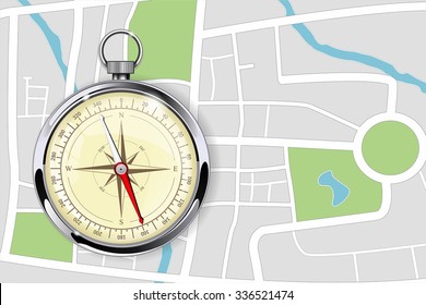 Kompass und Stadtplan. Abstrakter Stadtplan. Vektorgrafik