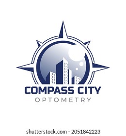 compass city optometry logo, creative vector towers integrated in eyeball scene