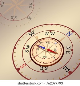 Compass with colored arrows. Wind rose on light background. Vector illustration in vintage style