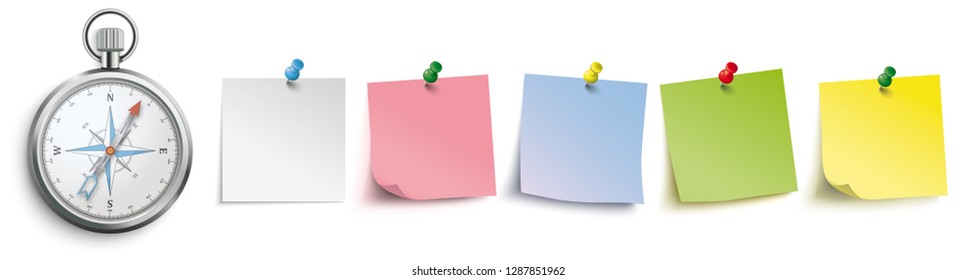 Compass and colored stickers with pins on the white background. Eps 10 vector file.