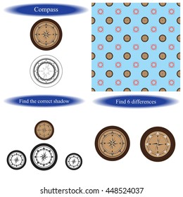 Compass. Coloring book for children. Find differences. Find the correct shadow.