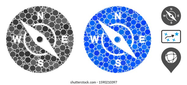 Compass composition of spheric dots in different sizes and color tints, based on compass icon. Vector random circles are organized into blue composition.