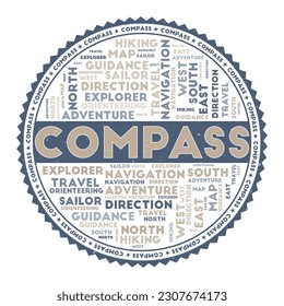 Compass concept with word clouds and round text. Nice colors and grunge texture. Modern vector illustration.