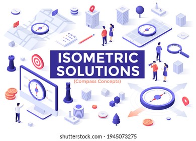 Compass Concepts Set - People Searching For Right Direction, Using Navigation Apps For Tourism And Travel. Bundle Of Isometric Design Elements Isolated On White Background. Modern Vector Illustration.