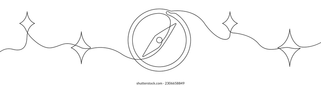 Compass continuous drawn line continuous icon. A black compass is drawn with a single line. Linear design compass with stars motion pointer vector. A device for the direction of movement.