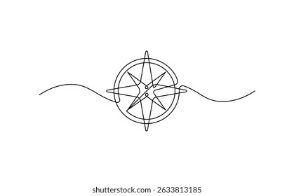 Brújula en estilo de dibujo de línea continua. Esbozo lineal negro minimalista aislado sobre fondo blanco. Ilustración vectorial de navegación