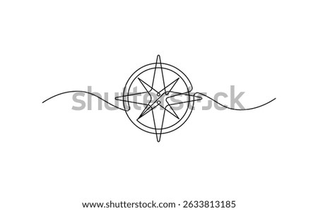 Compass in continuous line art drawing style. Minimalist black linear sketch isolated on white background. Navigation vector illustration