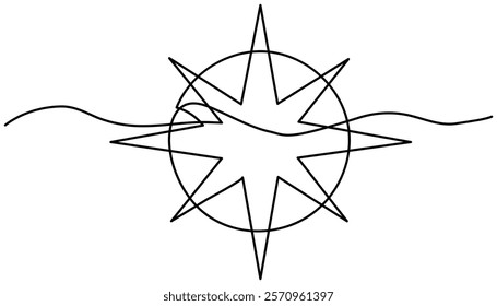 Compass continuous one line drawing illustration. Single line drawing of traveler compass