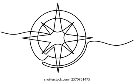 Compass continuous one line drawing illustration. Single line drawing of traveler compass