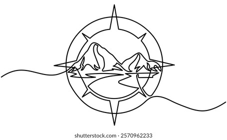 Compass continuous one line drawing illustration. Compass, Navigation Line Icon