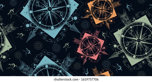 Compass and crossed arrows. Seamless pattern. Packing old paper, scrapbooking style. Vintage background. Medieval manuscript, engraving art. Symbol of tourism, adventure, travel 