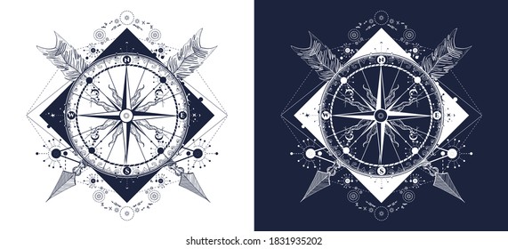 Compass and crossed arrows tattoo art. Symbol of tourism, adventure, travel. Black and white vector graphics 