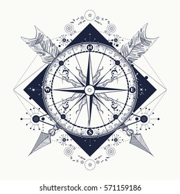 Compass and crossed arrows tattoo art. Symbol of tourism, adventure, travel. Rose compass t-shirt design. Tattoo for travelers, climbers, hikers 