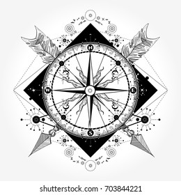 Compass and crossed arrows tattoo art. Symbol of tourism, adventure, travel t-shirt design 