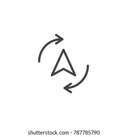 Compass cursor with cycling arrows around line icon, outline vector sign, linear style pictogram isolated on white. Update route symbol, logo illustration. Editable stroke