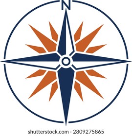 Compass design featuring directional points in orange and blue against a white background