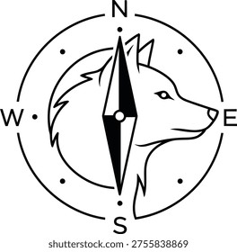 Compass design featuring a wolf head profile in the center. A strong symbol for outdoor adventure, wild nature, leadership, and exploration.