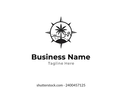 Compass design logo with palm tree and ocean waves