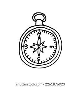 Compass. A device for determining the countries of the world and horizontal directions on the ground. Doodle. Vector illustration. Hand drawn. Outline.