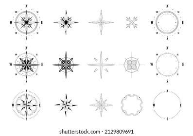 Compass dial and arrow. Construction kit of wind rose and vintage nautical compass symbol. Vector direction meter isolated set