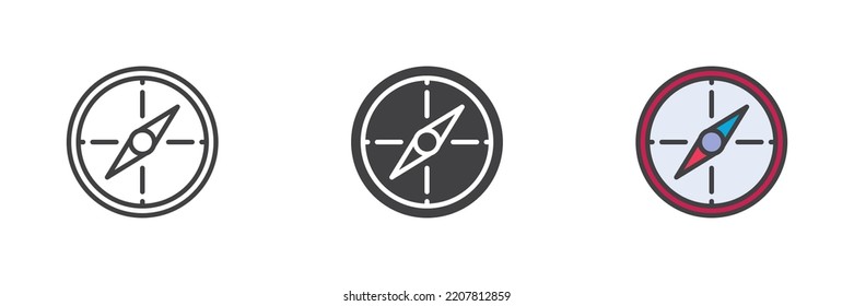 Compass different style icon set. Line, glyph and filled outline colorful version, outline and filled vector sign. Symbol, logo illustration. Vector graphics