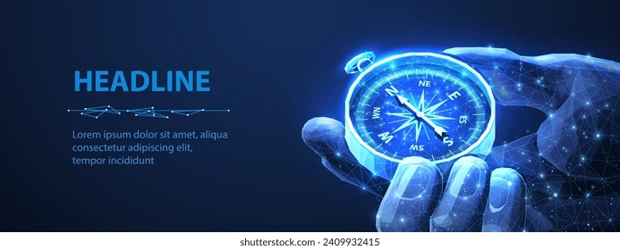 Compass in digital hand. business strategic explorer, Vision crisis, Mission path, Agency creative, Digital strategy, Market decision, Achievement strategy, Financial stock, Company vision concepts