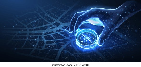 Compass in digital hand. Business strategic compass, Vision crisis, Mission path, Agency creative, Business navigation, Market decision, Achievement strategy, Financial stock, Guidabce concept