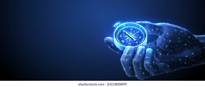 Compass in digital hand. business strategic explorer, Vision crisis, Mission path, Agency creative, Digital strategy, Market decision, Achievement strategy, Financial stock, Company vision concepts