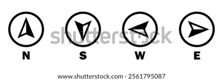 Compass direction icons showing north, south, west and east arrows in simple round shapes, ideal for maps, navigation tools and location UI.