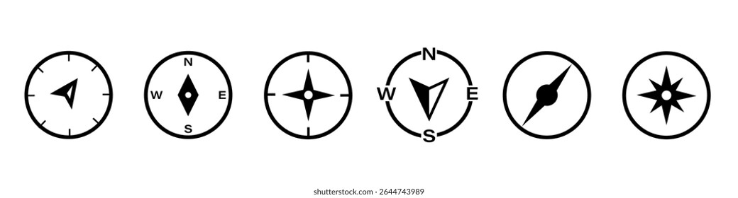 Compass direction north, south, east and west. Set of compass arrows icons.  Vector illustration.
