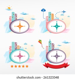 Compass directions vector icon icon on city background. Cityscape color illustration set.   