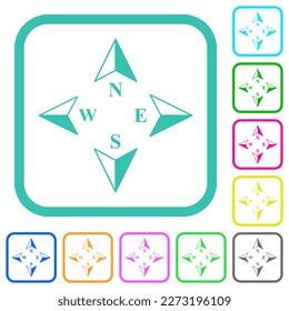 Compass directions vivid colored flat icons in curved borders on white background