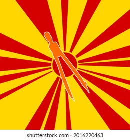 Compass divider on a background of red flash explosion radial lines. The large orange symbol is located in the center of the sun, symbolizing the sunrise. Vector illustration on yellow background