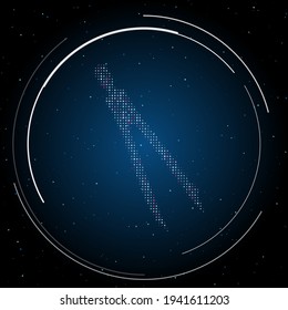 Símbolo de la brújula con puntos blancos. Estilo de puntillismo. Algunos puntos son rosas. Ilustración vectorial sobre fondo azul con estrellas