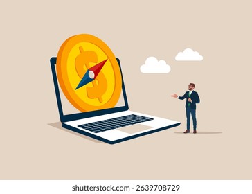 Compass with dollar coin on screen laptop. Investment trend, financial indicator, inflation or interest rate direction. Flat vector illustration