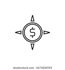 Brújula con signo de dólar apuntando en direcciones cardinales. Perfecto para finanzas, inversión, gestión de dinero, conceptos de mercado global en diseños.